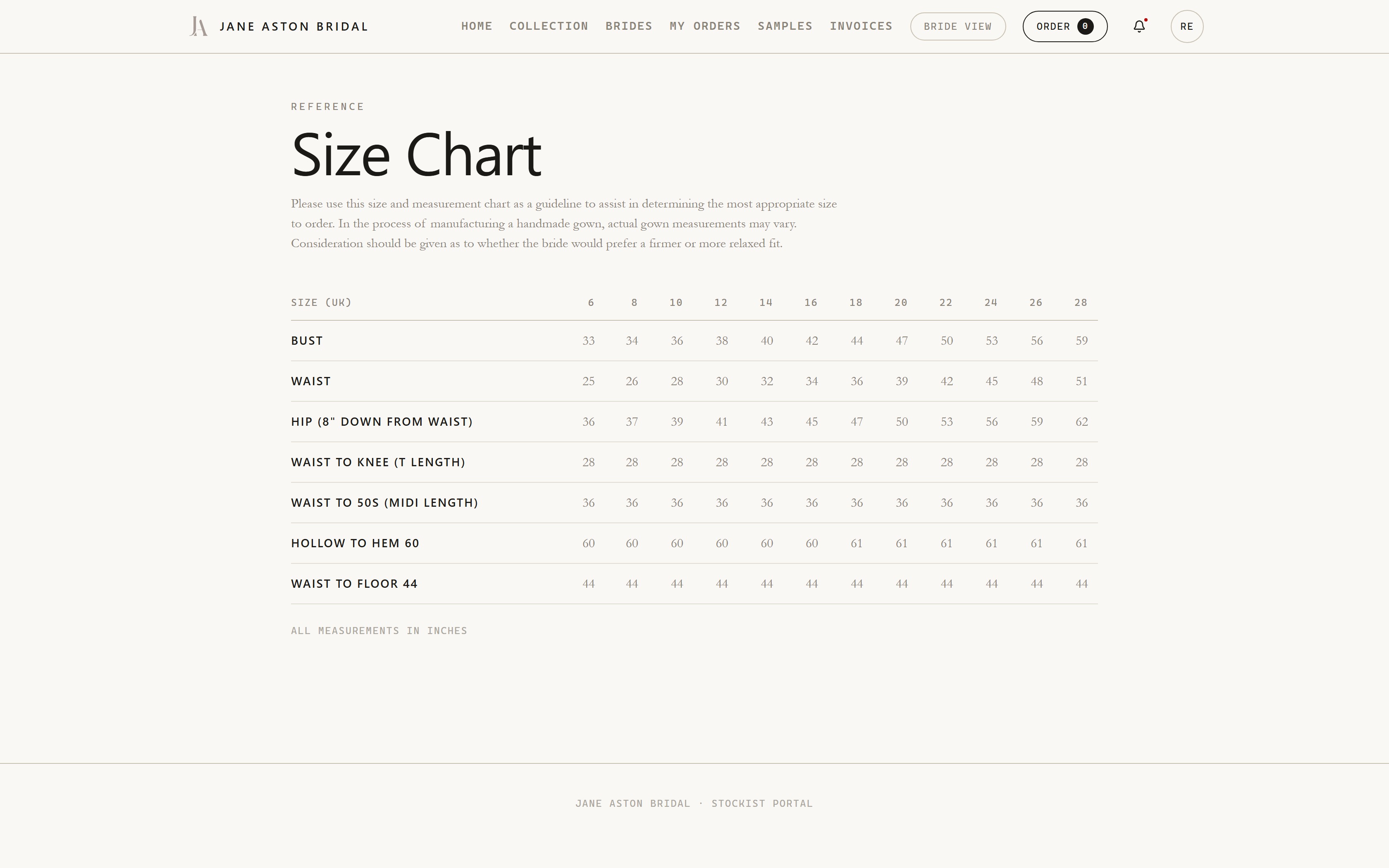 Brand size and measurement chart